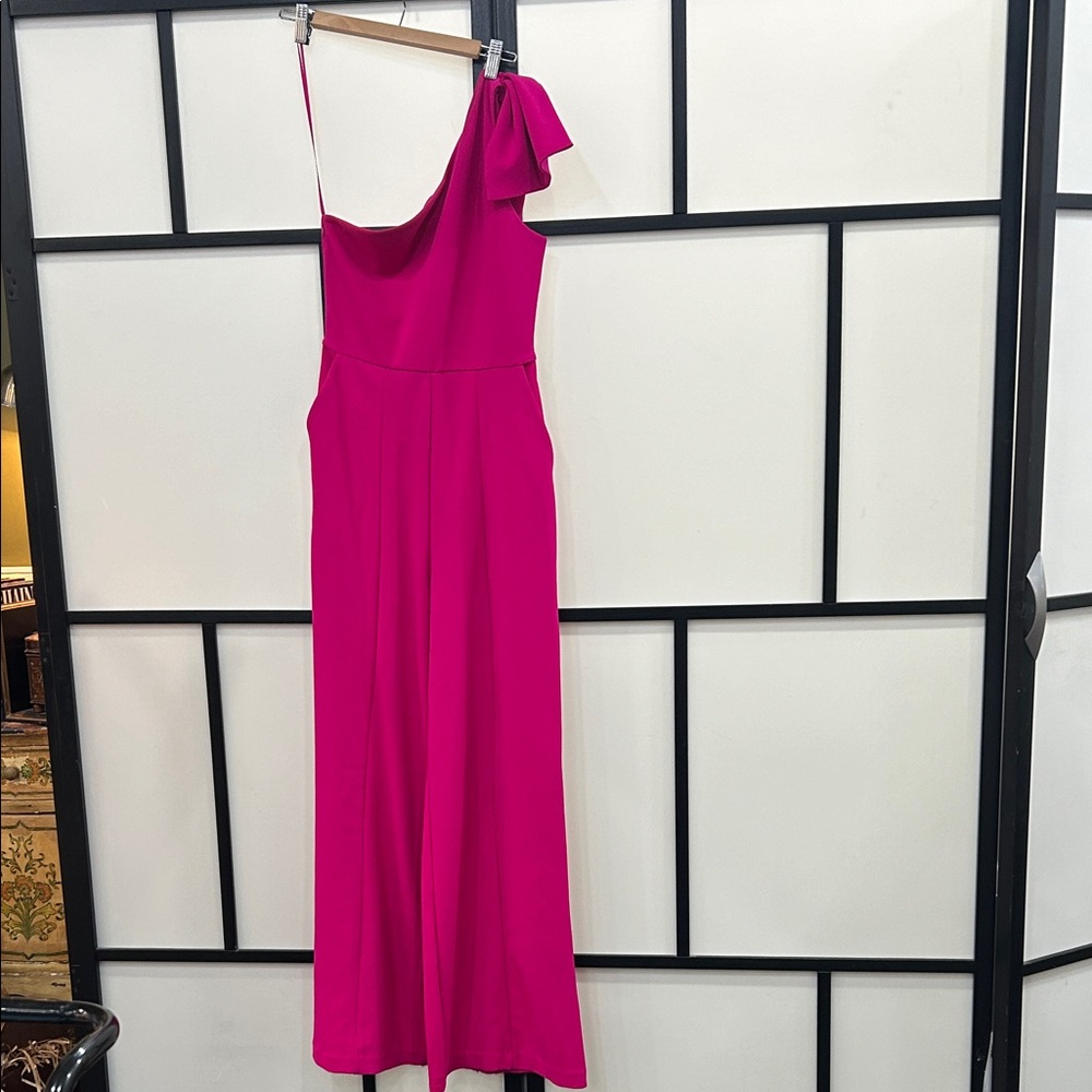 Express One-Shoulder Fuchsia Evening Jumpsuit with Bow